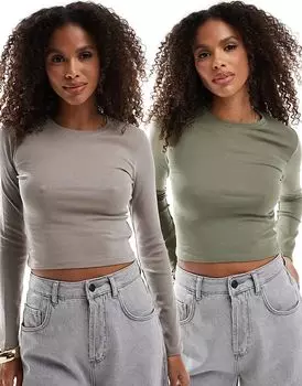 2 футболки с длинными рукавами коричневого и хаки цвета Pull&Bear