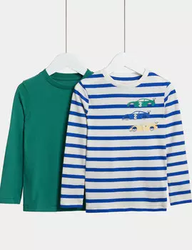 2 комплекта однотонных и полосатых топов из чистого хлопка (2–8 лет) Marks & Spencer, синий микс