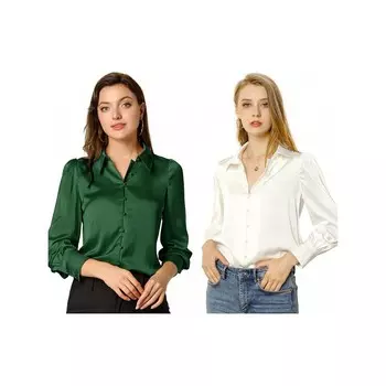 2 комплекта женских атласных рубашек на пуговицах с длинным рукавом и воротником-стойкой ALLEGRA K, цвет White And Green