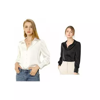 2 комплекта женских атласных рубашек на пуговицах с длинным рукавом и воротником-стойкой ALLEGRA K, цвет White And Black