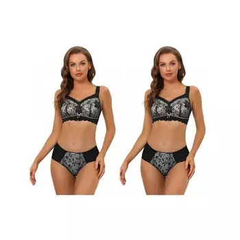 2 комплекта женских кружевных бюстгальтеров с регулируемыми широкими бретелями, беспроводной бюстгальтер и трусики ALLEGRA K, черный