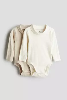 2 пары боди с высоким воротником в рубчик H&M, бежевый