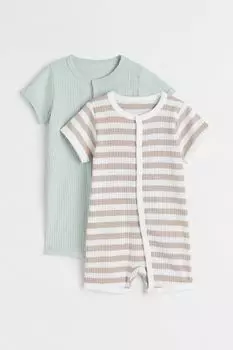 2 пары цельных хлопковых пижам H&amp;M, мятно-зеленый/полосатый