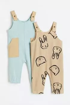 2 пары хлопкового комбинезона H&amp;M, бежевый/светло-бирюзовый меланж