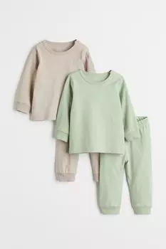 2 пары хлопковых пижам H&amp;M, светло-зеленый/светло-серый бежевый