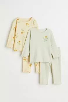 2 пары хлопковых пижам в полоску H&M, салатовый/цветы