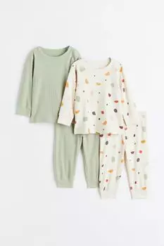 2 пары хлопковых пижам в полоску H&M, светло-зеленый шалфей/кремовый