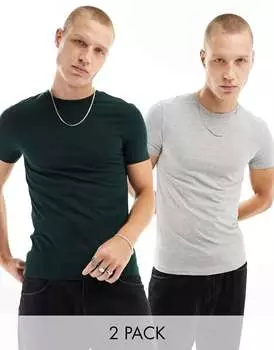 2 пары обтягивающих футболок зеленого и серого цвета ASOS