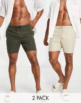 2 пары плавательных шорт цвета хаки и камня ASOS DESIGN средней длины