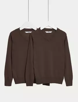 2 пары школьных джемперов унисекс из чистого хлопка (3–18 лет) Marks & Spencer, коричневый