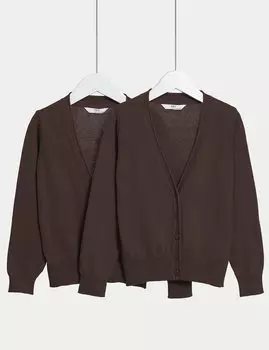 2 пары школьных кардиганов из чистого хлопка для девочек (3–18 лет) Marks & Spencer, коричневый