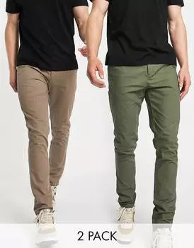 2 пары узких брюк чинос цвета темный камень и хаки ASOS DESIGN
