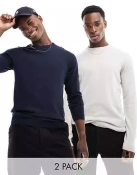 2 пары вязаных джемперов с круглым вырезом ASOS светло-серого и темно-синего цвета