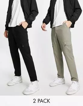 2 пары зауженных брюк карго черного цвета и цвета хаки ASOS DESIGN
