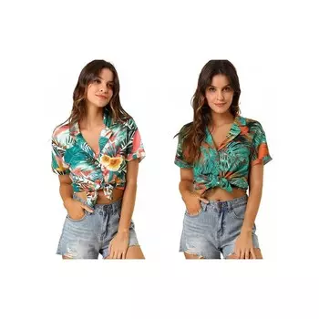2 пары женских гавайских пляжных рубашек на пуговицах с цветочным принтом и листьями ALLEGRA K, цвет White Black