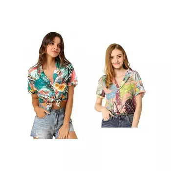 2 пары женских гавайских пляжных рубашек на пуговицах с цветочным принтом и листьями ALLEGRA K, цвет White Pink