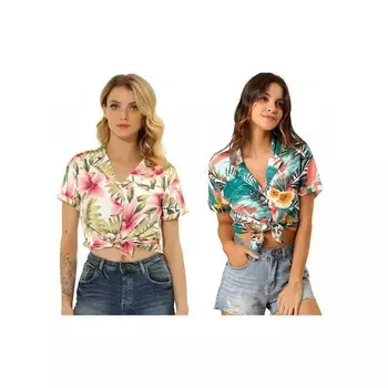 2 пары женских гавайских пляжных рубашек на пуговицах с цветочным принтом и листьями ALLEGRA K, цвет White Pink