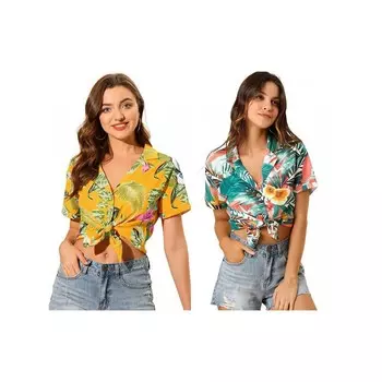 2 пары женских гавайских пляжных рубашек на пуговицах с цветочным принтом и листьями ALLEGRA K, цвет White Yellow