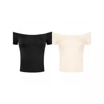 2 пары женских однотонных блузок с короткими рукавами и открытыми плечами до бедра ALLEGRA K, цвет Black White