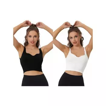 2 пары женских укороченных топов на бретелях, облегающая спортивная майка без рукавов, базовая спортивная майка с глубоким вырезом ALLEGRA K, цвет White Black