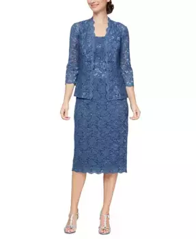 2-предметный комплект: кружевная куртка и платье миди SL Fashions, синий