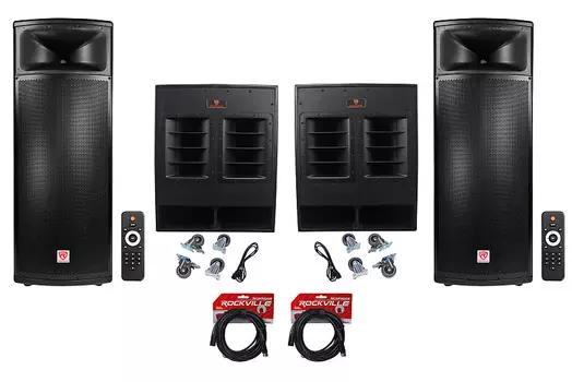 (2) Rockville BPA225 Двойные 15-дюймовые активные диджейские акустические системы с Bluetooth+TWS+2) 18-дюймовые сабвуферы (2) BPA225+(2) RBG18FA+(2) RCXFM20E-B
