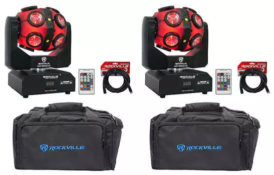 (2) Rockville Party Spinner LED Moving Head RGBW DMX DJ Lights + Сумки + Кабели (2) PARTY SPINNER LED+(2) RLB80+RDX3M25