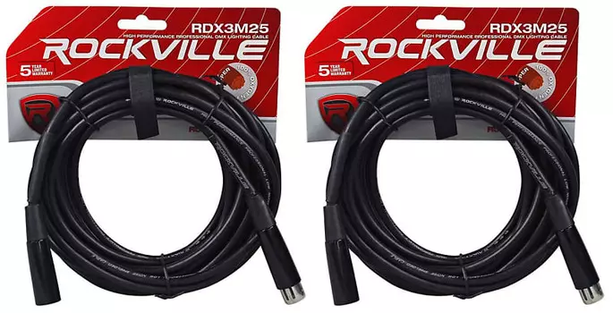 (2) Rockville RDX3M25 25-футовые 3-контактные кабели освещения DMX, 100 % из бескислородной меди, гнездовой и штекерный (2) RDX3M25