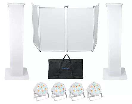 (2) Rockville Totem Moving Head Light Stands + Black + White Scrims + Facade + Lights (2) RTP32W+RFAAW+(4) RockPAR50 WHT