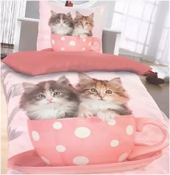 2 шт. Двустороннее постельное белье с мотивом кота, 135 x 200 + 80x80см, роза, фотореалистичный принт, микрофибра KH-Haushaltshandel
