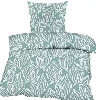 2 шт. Постельное белье 100% хлопок, Renforce, 135х200+80х80см, зелено-белый, листья KH-Haushaltshandel