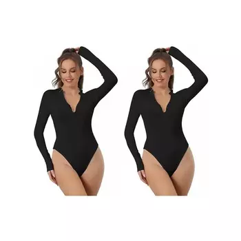 2 упаковки боди на молнии спереди для женских повседневных топов с воротником-стойкой и длинными рукавами для похудения на выход ALLEGRA K, черный