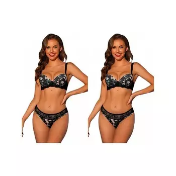 2 упаковки комплекта женского нижнего белья с регулируемыми бретелями, кружевные бюстгальтеры и трусики на косточках ALLEGRA K, цвет Black Floral