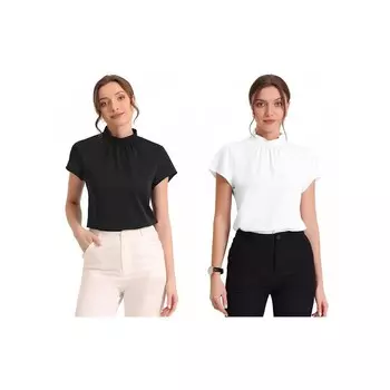 2 упаковки рабочих топов для женщин, элегантные деловые блузки с воротником-стойкой и вырезом на спине с вырезом на спине ALLEGRA K, цвет White Black