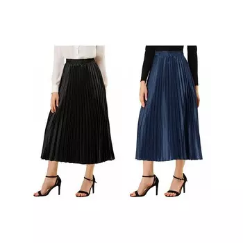 2 упаковки женских блестящих плиссированных миди-юбок металлик с эластичной резинкой на талии ALLEGRA K, цвет Black And Dark Blue