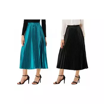 2 упаковки женских блестящих плиссированных миди-юбок металлик с эластичной резинкой на талии ALLEGRA K, цвет Black Peacock Blue