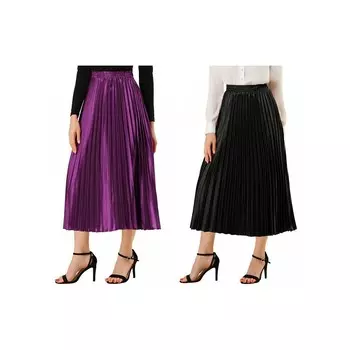 2 упаковки женских блестящих плиссированных миди-юбок металлик с эластичной резинкой на талии ALLEGRA K, цвет Black And Purple