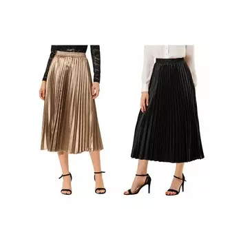 2 упаковки женских блестящих плиссированных миди-юбок металлик с эластичной резинкой на талии ALLEGRA K, цвет Black And Gold Brown