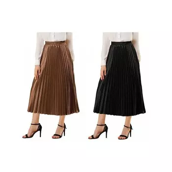 2 упаковки женских блестящих плиссированных миди-юбок металлик с эластичной резинкой на талии ALLEGRA K, цвет Black And Brown