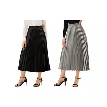 2 упаковки женских блестящих плиссированных миди-юбок металлик с эластичной резинкой на талии ALLEGRA K, цвет Black And Silver Grey
