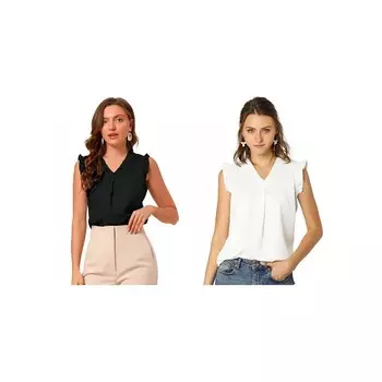 2 упаковки женских блузок без рукавов с рюшами, винтажные рабочие деловые топы ALLEGRA K, цвет White Black