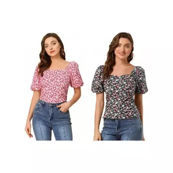 2 упаковки женских блузок с квадратным вырезом и цветочным принтом, топы ALLEGRA K, цвет Black Pink