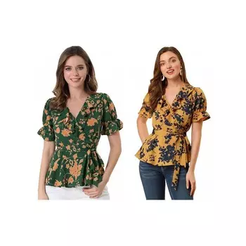 2 упаковки женских блузок с V-образным вырезом и короткими рукавами и рюшами и баской с цветочным принтом ALLEGRA K, цвет Yellow Green