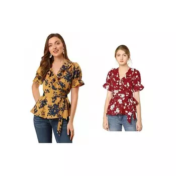 2 упаковки женских блузок с V-образным вырезом и короткими рукавами и рюшами и баской с цветочным принтом ALLEGRA K, цвет Yellow Red
