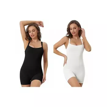2 упаковки женских боди с квадратным вырезом и контролем живота, облегающие комбинезоны, майка, шорты, комбинезон ALLEGRA K, цвет Black White