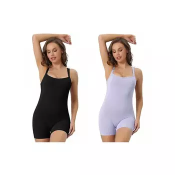 2 упаковки женских боди с квадратным вырезом и контролем живота, облегающие комбинезоны, майка, шорты, комбинезон ALLEGRA K, цвет Black Light Purple