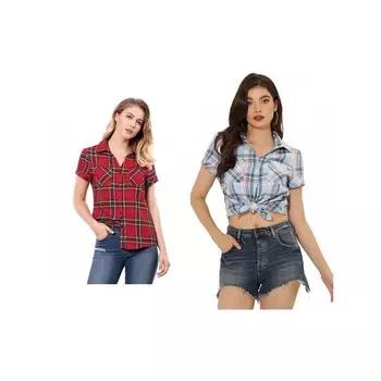 2 упаковки женских хлопковых рубашек в клетку с короткими рукавами и пуговицами спереди ALLEGRA K, цвет Red Light Blue