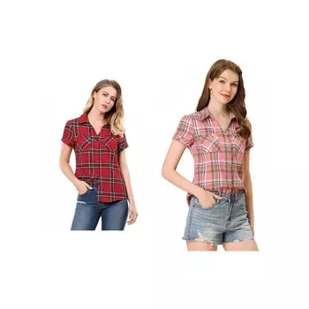 2 упаковки женских хлопковых рубашек в клетку с короткими рукавами и пуговицами спереди ALLEGRA K, цвет Red Light Pink