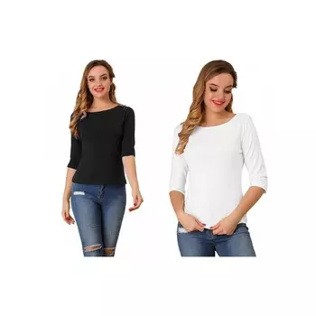 2 упаковки женских классических футболок узкого кроя с рукавами до локтя и вырезом «лодочка» ALLEGRA K, цвет Black White