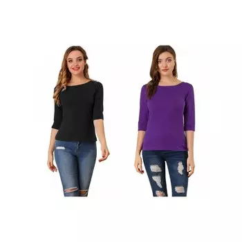 2 упаковки женских классических футболок узкого кроя с рукавами до локтя и вырезом «лодочка» ALLEGRA K, цвет Black Deep Purple